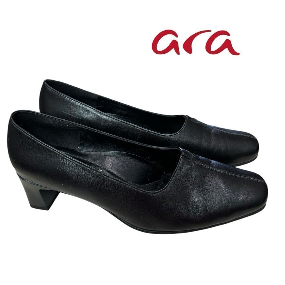Ara Black Leather Low Block Heel Pumps